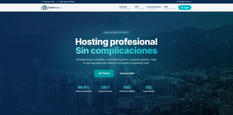 Portada de CoreHost.cl con el hero de hosting profesional y las cifras de servicio.