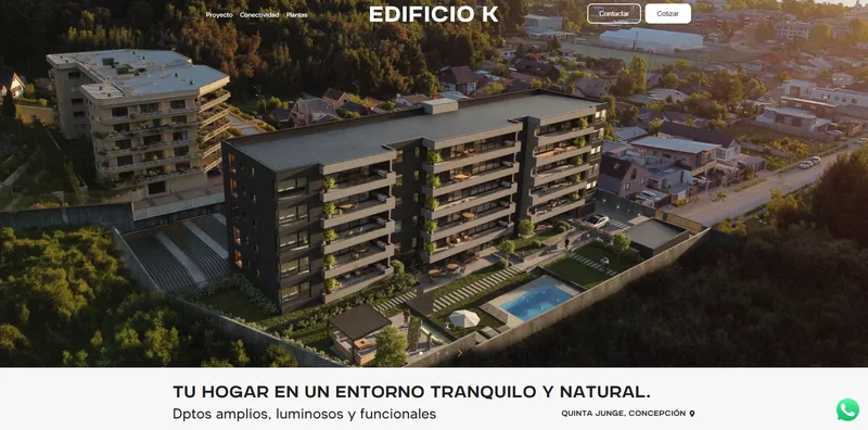 Portada de Edificio K con la vista a&eacute;rea del edificio y el men&uacute; de proyecto, conectividad y plantas.