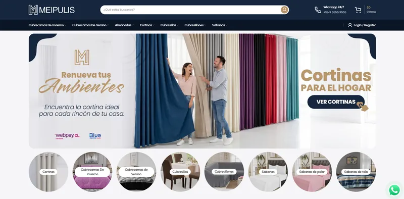 Portada de Meipulis con el buscador, el menú de categorías y el banner de cortinas.