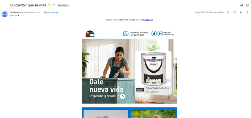 Campa&ntilde;a de correo de Sodimac vista en la bandeja de entrada.